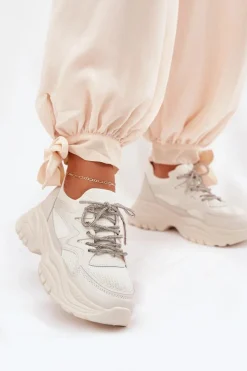 Sale Sneakersy Damskie Na Platformie Ozdobnym Sznurowaniem Beżowe Evalianne Damskie Sneakersy Damskie