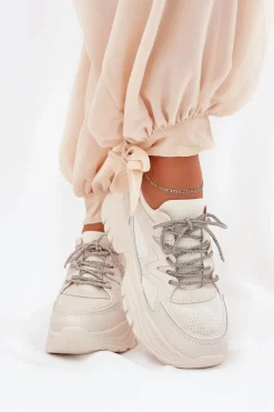 Sale Sneakersy Damskie Na Platformie Ozdobnym Sznurowaniem Beżowe Evalianne Damskie Sneakersy Damskie
