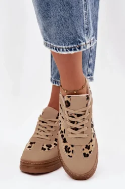 Clearance Boto Sneakersy Damskie Na Platformie Panterka Beżowe Denissa Beżowy