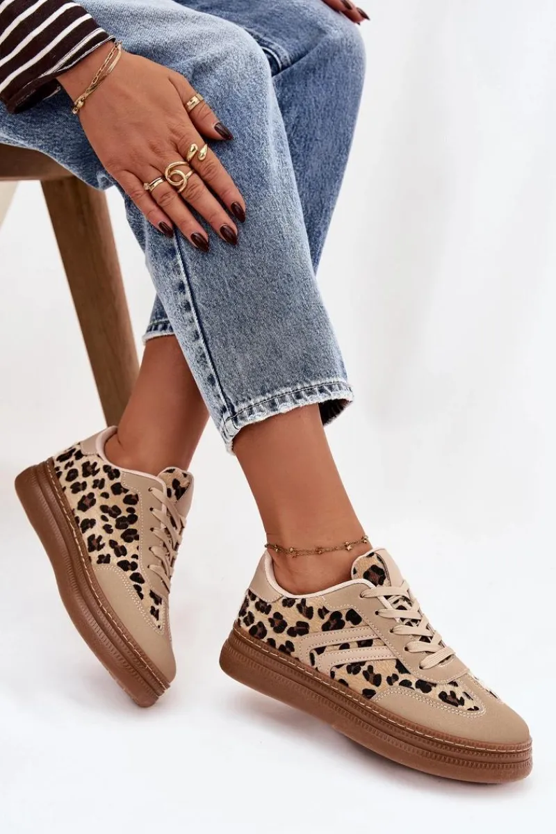 Clearance Boto Sneakersy Damskie Na Platformie Panterka Beżowe Denissa Beżowy