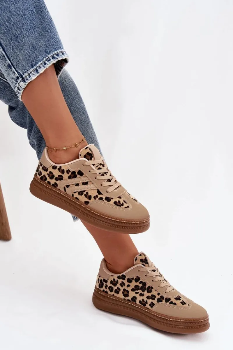 Clearance Boto Sneakersy Damskie Na Platformie Panterka Beżowe Denissa Beżowy