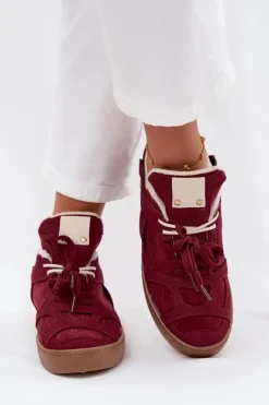 Sneakersy Damskie>Boto Sneakersy Damskie Na Platformie Ocieplane Futerkiem Bordowe Solvia Czerwony