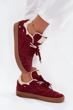 Sneakersy Damskie></noscript>Boto Sneakersy Damskie Na Platformie Ocieplane Futerkiem Bordowe Solvia Czerwony