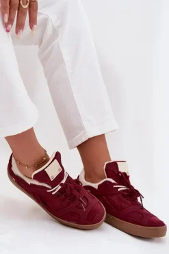 Sneakersy Damskie></noscript>Boto Sneakersy Damskie Na Platformie Ocieplane Futerkiem Bordowe Solvia Czerwony