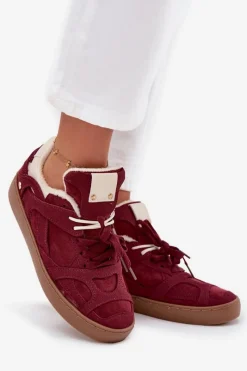 Sneakersy Damskie></noscript>Boto Sneakersy Damskie Na Platformie Ocieplane Futerkiem Bordowe Solvia Czerwony