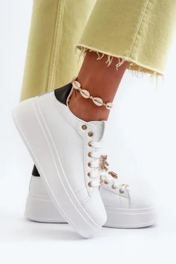 Discount Boto Sneakersy Damskie Na Platformie Z Przypinkami Eko Skóra Białe Cavisa