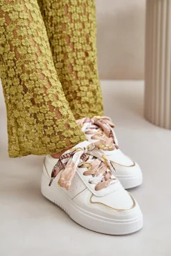 Best Boto Sneakersy Damskie Na Platformie Z Ozdobnym Sznurowaniem Białe Mistra Biały