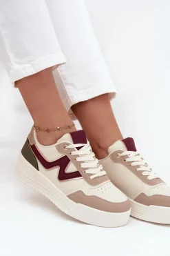 Sneakersy Damskie></noscript>Boto Sneakersy Damskie Na Platformie Ze Złotymi Wstawkami Beżowe Zalvra