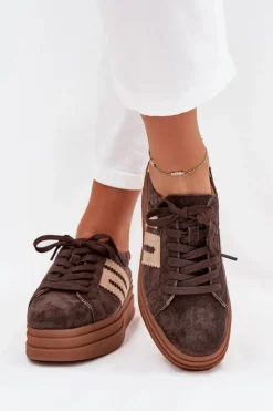 Sneakersy Damskie>Boto Sneakersy Damskie Na Platformie Z Naturalnego Zamszu Czekoladowe Eldira