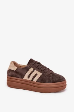 Sneakersy Damskie></noscript>Boto Sneakersy Damskie Na Platformie Z Naturalnego Zamszu Czekoladowe Eldira