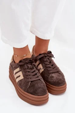 Sneakersy Damskie></noscript>Boto Sneakersy Damskie Na Platformie Z Naturalnego Zamszu Czekoladowe Eldira