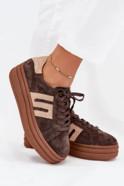 Sneakersy Damskie></noscript>Boto Sneakersy Damskie Na Platformie Z Naturalnego Zamszu Czekoladowe Eldira