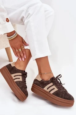 Sneakersy Damskie></noscript>Boto Sneakersy Damskie Na Platformie Z Naturalnego Zamszu Czekoladowe Eldira
