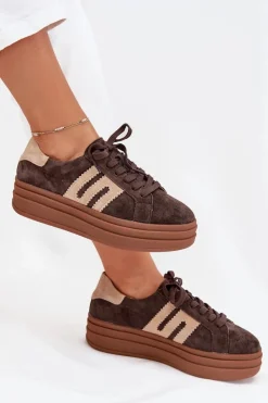 Sneakersy Damskie></noscript>Boto Sneakersy Damskie Na Platformie Z Naturalnego Zamszu Czekoladowe Eldira