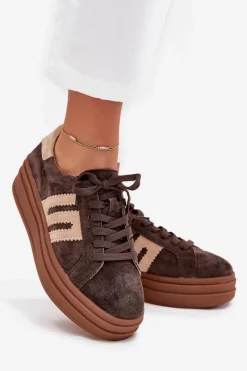 Sneakersy Damskie></noscript>Boto Sneakersy Damskie Na Platformie Z Naturalnego Zamszu Czekoladowe Eldira