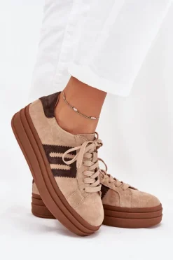 Online Sneakersy Damskie Na Platformie Z Naturalnego Zamszu Beżowe Eldira Damskie Sneakersy Damskie