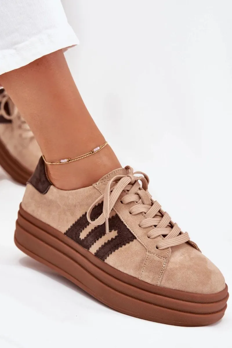 Online Sneakersy Damskie Na Platformie Z Naturalnego Zamszu Beżowe Eldira Damskie Sneakersy Damskie