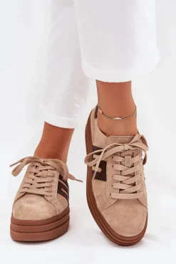 Online Sneakersy Damskie Na Platformie Z Naturalnego Zamszu Beżowe Eldira Damskie Sneakersy Damskie