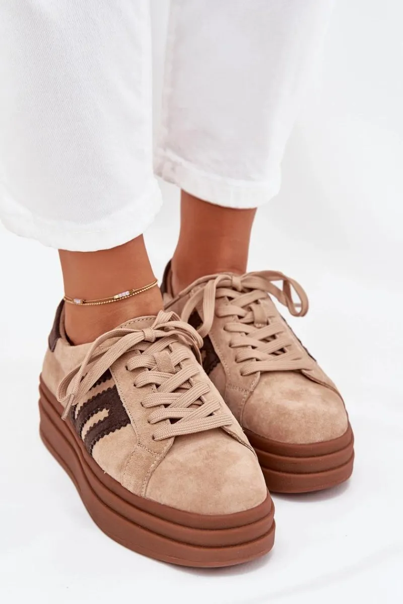 Online Sneakersy Damskie Na Platformie Z Naturalnego Zamszu Beżowe Eldira Damskie Sneakersy Damskie