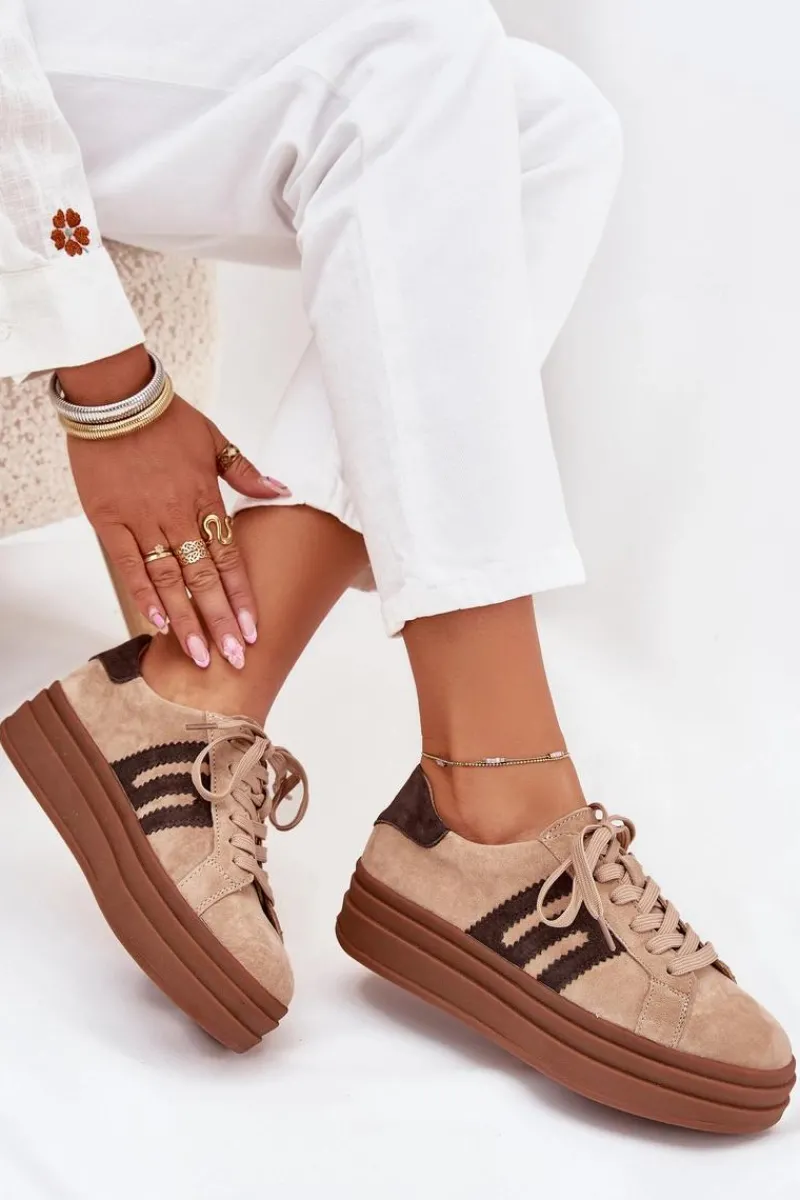 Online Sneakersy Damskie Na Platformie Z Naturalnego Zamszu Beżowe Eldira Damskie Sneakersy Damskie