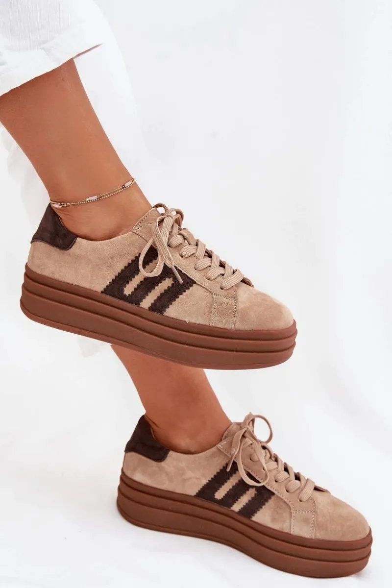 Online Sneakersy Damskie Na Platformie Z Naturalnego Zamszu Beżowe Eldira Damskie Sneakersy Damskie