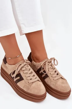 Online Sneakersy Damskie Na Platformie Z Naturalnego Zamszu Beżowe Eldira Damskie Sneakersy Damskie