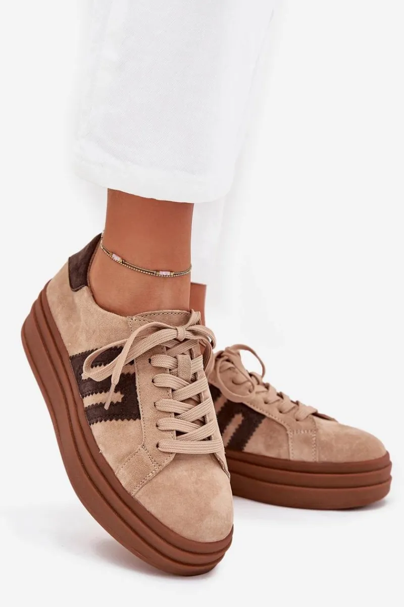 Online Sneakersy Damskie Na Platformie Z Naturalnego Zamszu Beżowe Eldira Damskie Sneakersy Damskie