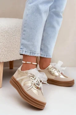 Sneakersy Damskie Na Platformie Z Ozdobami Beżowo-Złote Vinness Damskie Buty Sportowe Na Platformie|Sneakersy Damskie