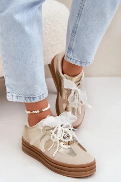 Sneakersy Damskie Na Platformie Z Ozdobami Beżowo-Złote Vinness Damskie Buty Sportowe Na Platformie|Sneakersy Damskie