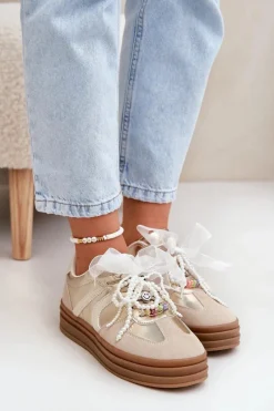 Sneakersy Damskie Na Platformie Z Ozdobami Beżowo-Złote Vinness Damskie Buty Sportowe Na Platformie|Sneakersy Damskie