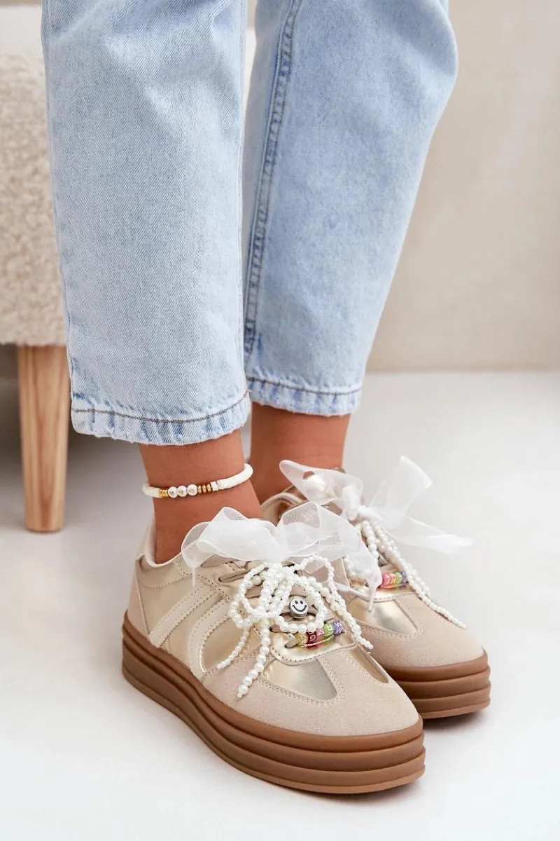 Sneakersy Damskie Na Platformie Z Ozdobami Beżowo-Złote Vinness Damskie Buty Sportowe Na Platformie|Sneakersy Damskie