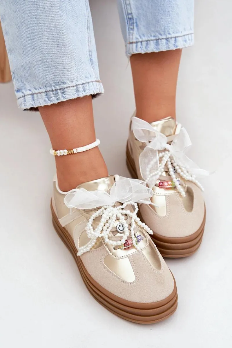 Sneakersy Damskie Na Platformie Z Ozdobami Beżowo-Złote Vinness Damskie Buty Sportowe Na Platformie|Sneakersy Damskie