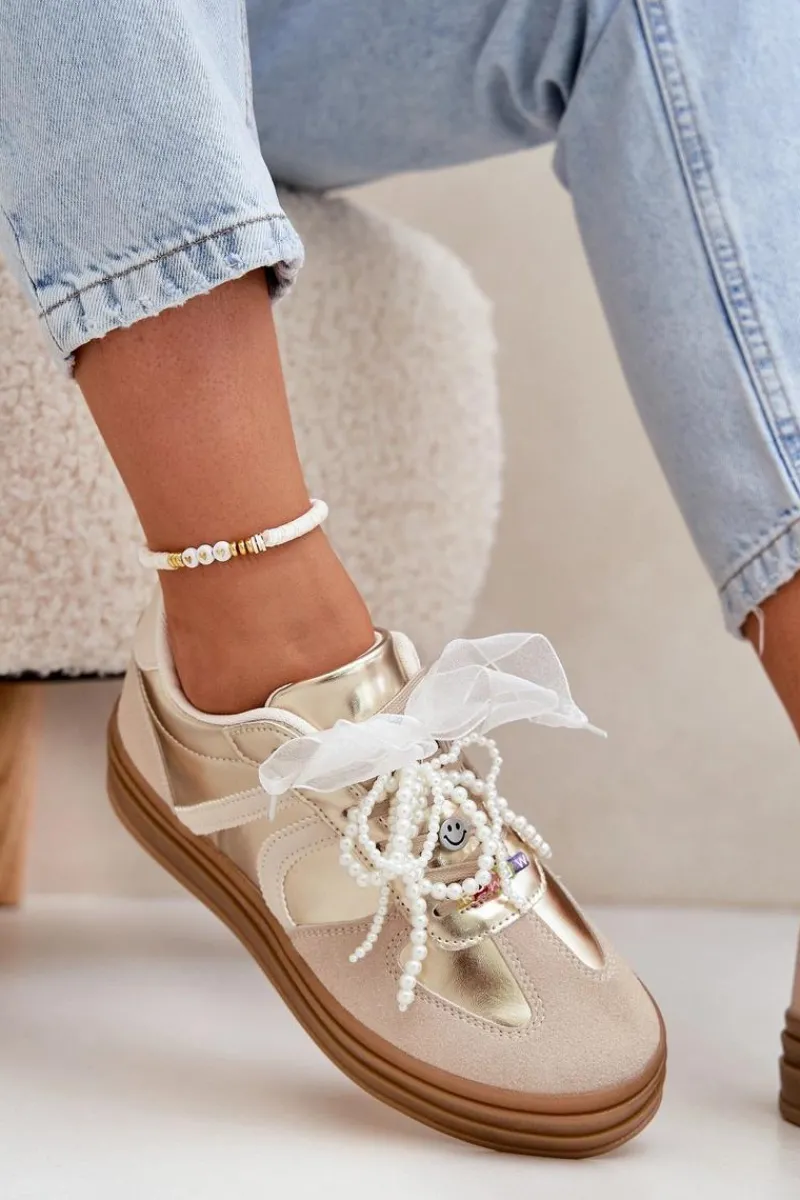 Sneakersy Damskie Na Platformie Z Ozdobami Beżowo-Złote Vinness Damskie Buty Sportowe Na Platformie|Sneakersy Damskie