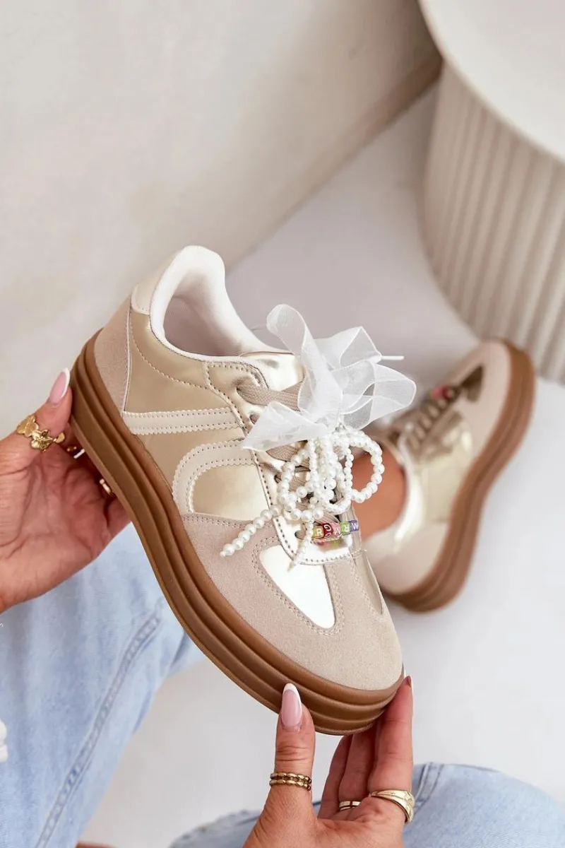 Sneakersy Damskie Na Platformie Z Ozdobami Beżowo-Złote Vinness Damskie Buty Sportowe Na Platformie|Sneakersy Damskie