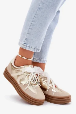 Sneakersy Damskie Na Platformie Z Ozdobami Beżowo-Złote Vinness Damskie Buty Sportowe Na Platformie|Sneakersy Damskie