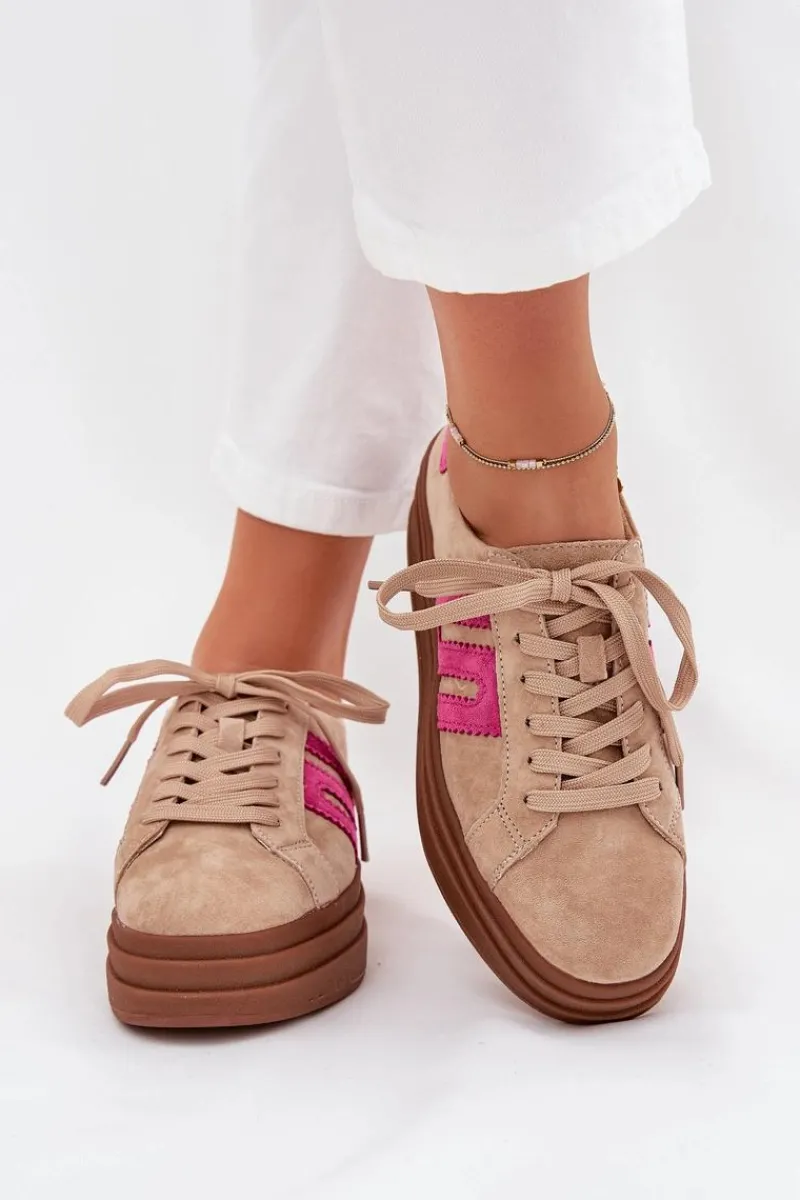 Outlet Sneakersy Damskie Na Platformie Z Naturalnego Zamszu Beżowo-Różowe Eldira Damskie Sneakersy Damskie