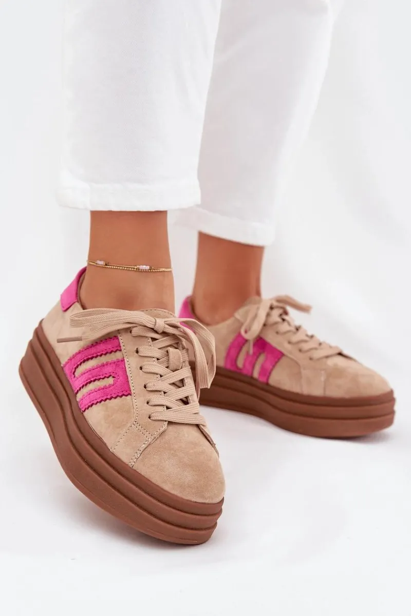 Outlet Sneakersy Damskie Na Platformie Z Naturalnego Zamszu Beżowo-Różowe Eldira Damskie Sneakersy Damskie