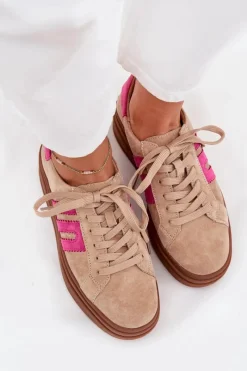 Outlet Sneakersy Damskie Na Platformie Z Naturalnego Zamszu Beżowo-Różowe Eldira Damskie Sneakersy Damskie