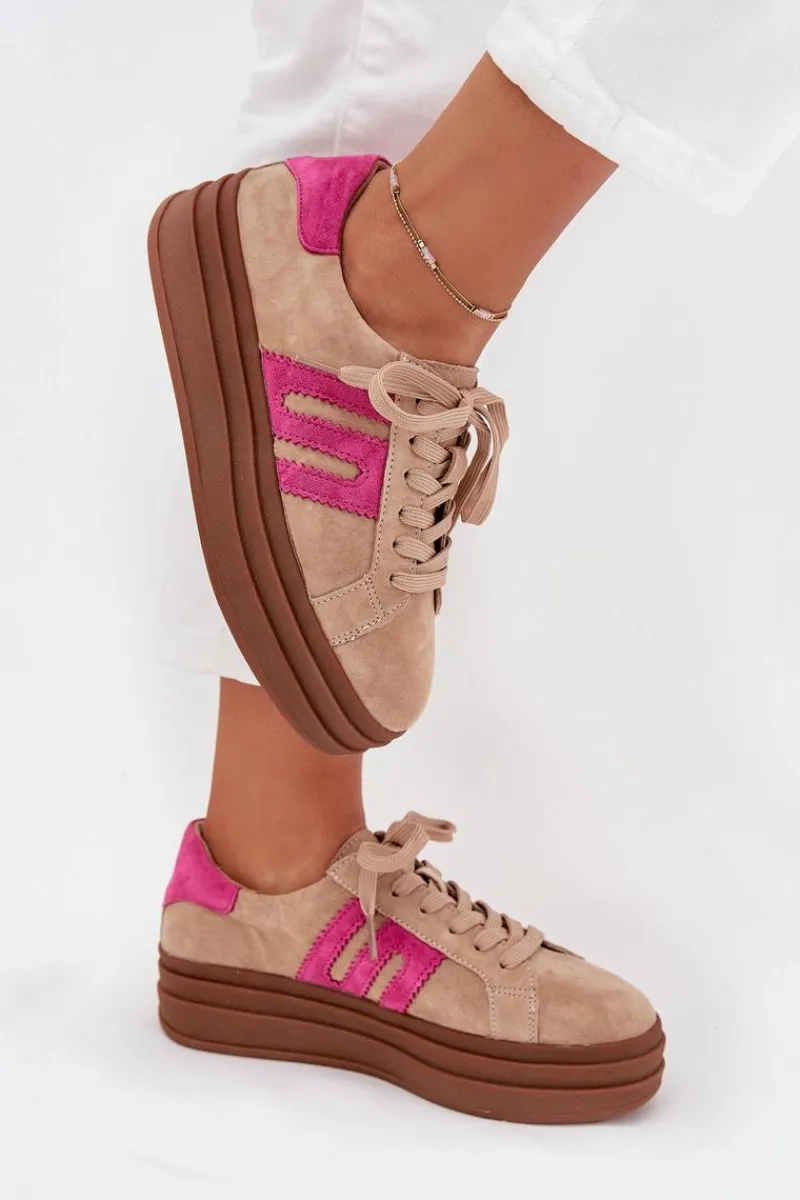 Outlet Sneakersy Damskie Na Platformie Z Naturalnego Zamszu Beżowo-Różowe Eldira Damskie Sneakersy Damskie