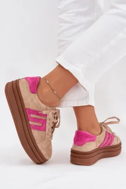 Outlet Sneakersy Damskie Na Platformie Z Naturalnego Zamszu Beżowo-Różowe Eldira Damskie Sneakersy Damskie