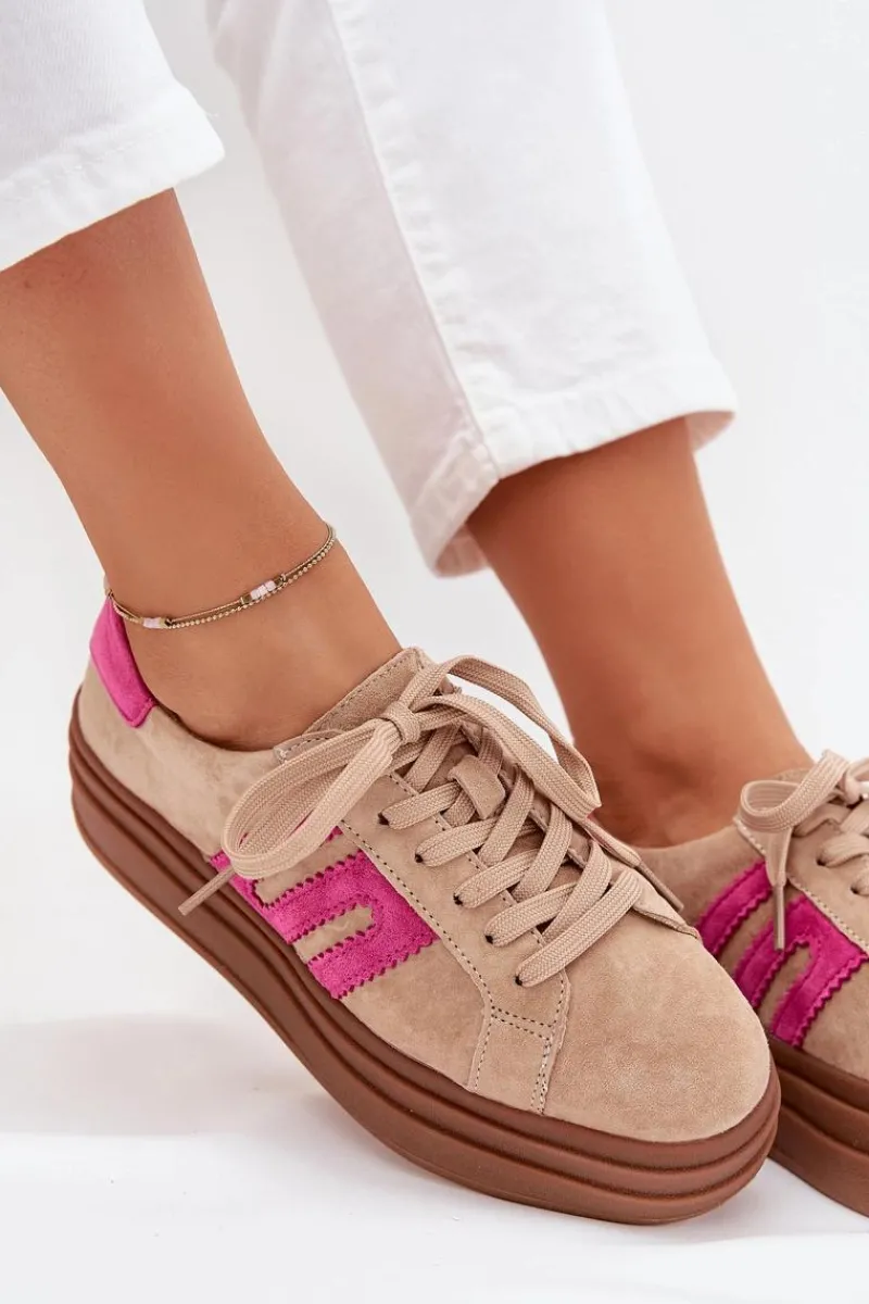 Outlet Sneakersy Damskie Na Platformie Z Naturalnego Zamszu Beżowo-Różowe Eldira Damskie Sneakersy Damskie