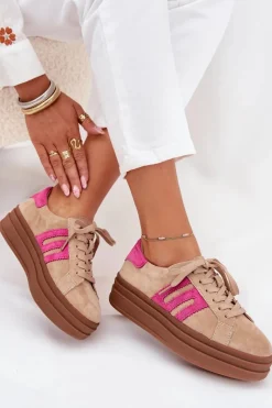 Outlet Sneakersy Damskie Na Platformie Z Naturalnego Zamszu Beżowo-Różowe Eldira Damskie Sneakersy Damskie