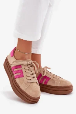 Outlet Sneakersy Damskie Na Platformie Z Naturalnego Zamszu Beżowo-Różowe Eldira Damskie Sneakersy Damskie