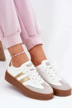 Clearance Sneakersy Damskie Na Platformie Z Eko Skóry Biało-Złote Elaraven Damskie Sneakersy Damskie