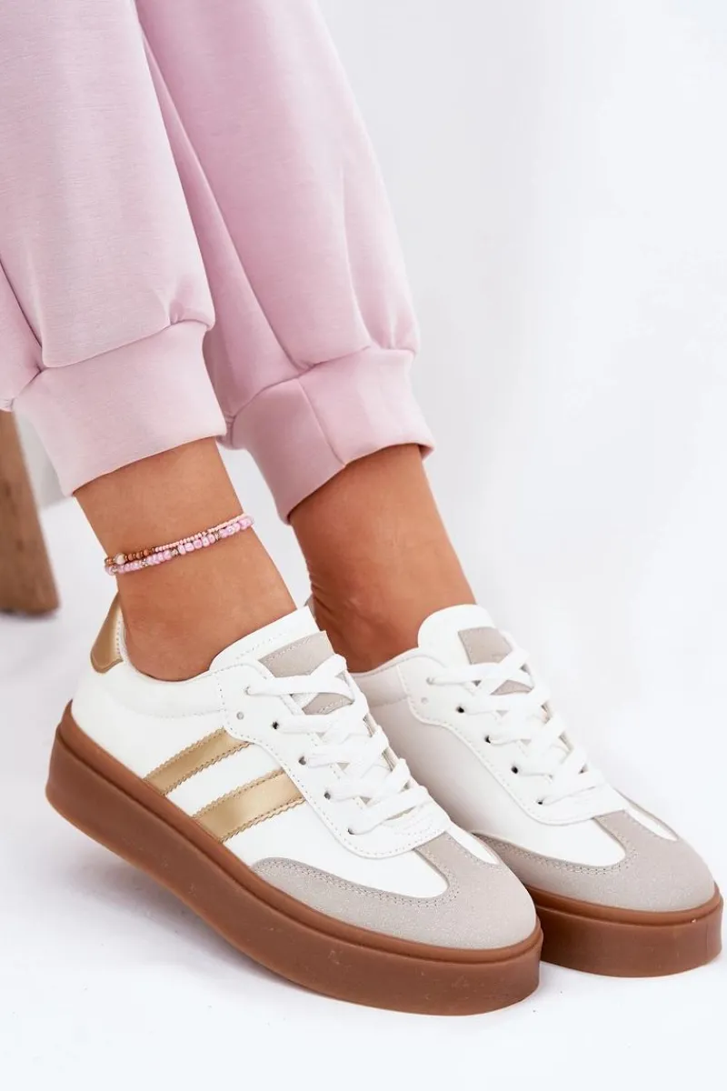 Clearance Sneakersy Damskie Na Platformie Z Eko Skóry Biało-Złote Elaraven Damskie Sneakersy Damskie