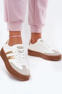 Clearance Sneakersy Damskie Na Platformie Z Eko Skóry Biało-Złote Elaraven Damskie Sneakersy Damskie