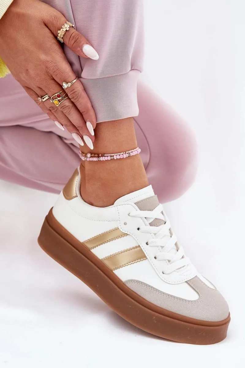 Clearance Sneakersy Damskie Na Platformie Z Eko Skóry Biało-Złote Elaraven Damskie Sneakersy Damskie