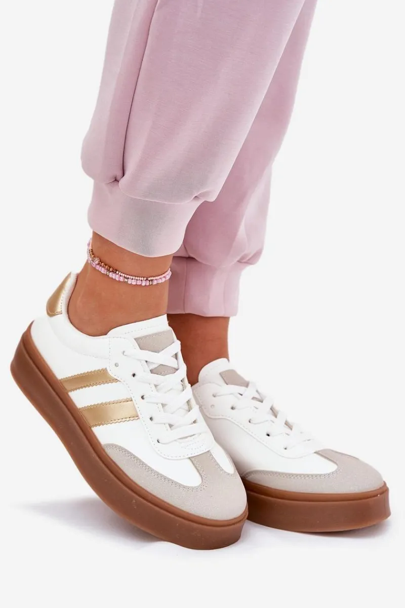 Clearance Sneakersy Damskie Na Platformie Z Eko Skóry Biało-Złote Elaraven Damskie Sneakersy Damskie