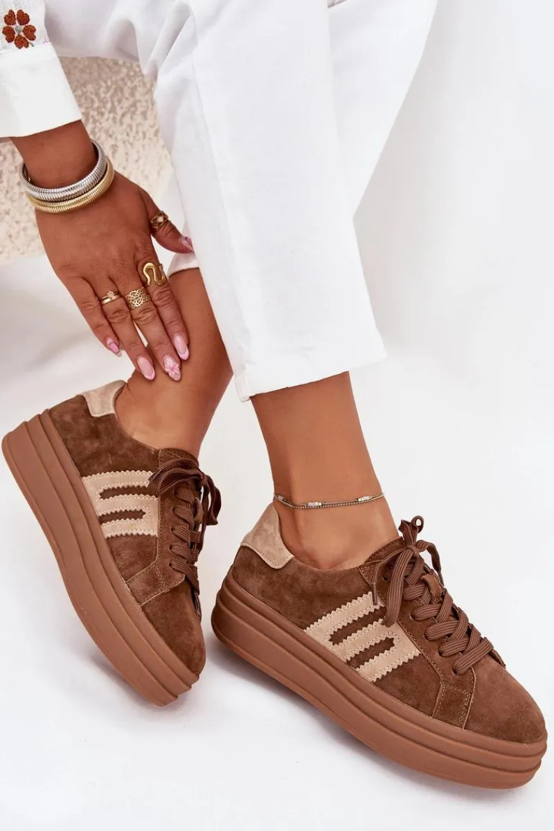 Best Boto Sneakersy Damskie Na Platformie Z Naturalnego Zamszu Camel Eldira Brązowy