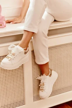 Clearance Sneakersy Damskie Na Platformie Z Przypinkami Białe Panterka Ocerdia Damskie Buty Sportowe Na Platformie|Sneakersy Damskie